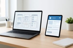 デザイン - laptop screen displaying complex UX/UI wireframes and flowcharts